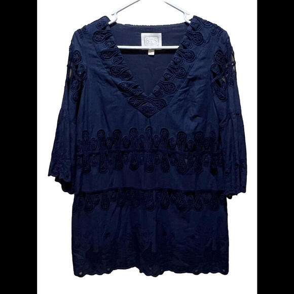 Sail To Sable Navy Blue Eyelet Long Tunic Size Small Embroidered - Picture 1 of 4
